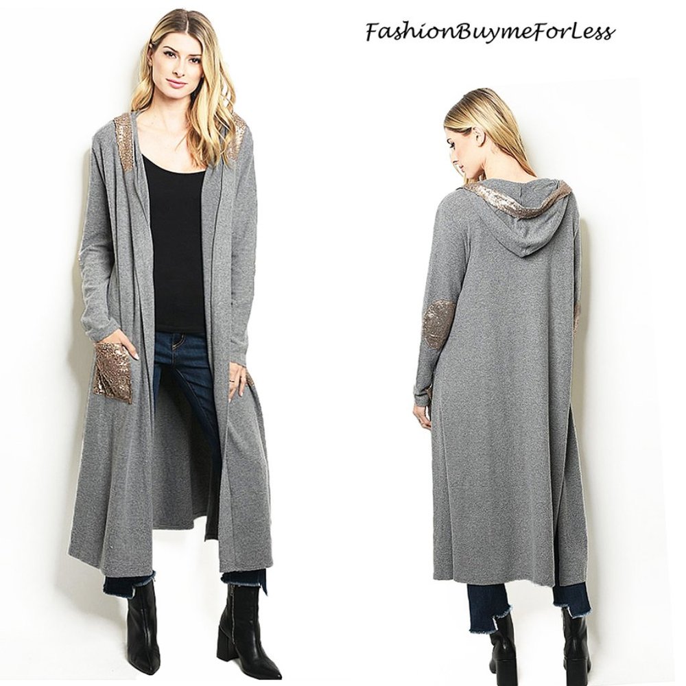 Sequin Pockets Hooded Longline Sweater Cardigan